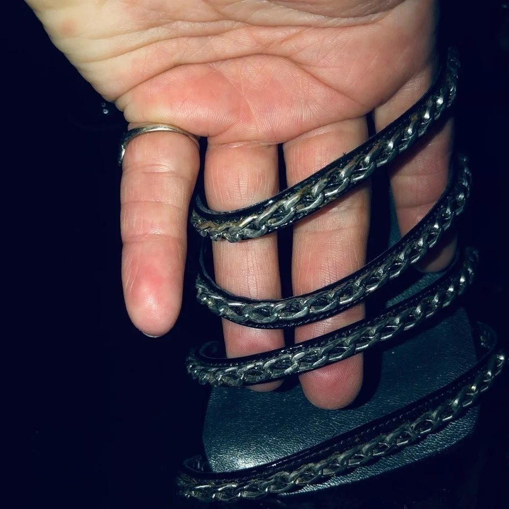 Stuart Weitzman size 10.5 black leather silver chain strappy heels back zip